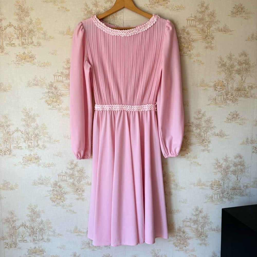 Vintage 70s Pink Pleated Sequin Boston Maid Party Dress Coquette Barbiecore